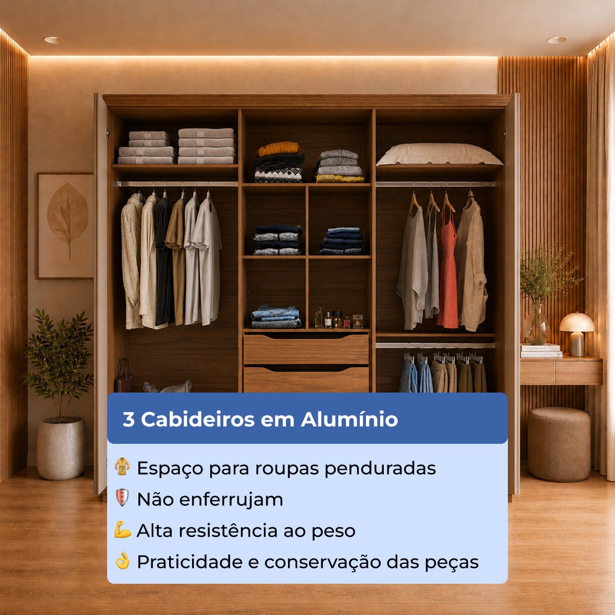 Guarda Roupa Casal 6 Portas 3 Gavetas 100% MDF Memphis 246cm Canella - Província - Guarda - roupas