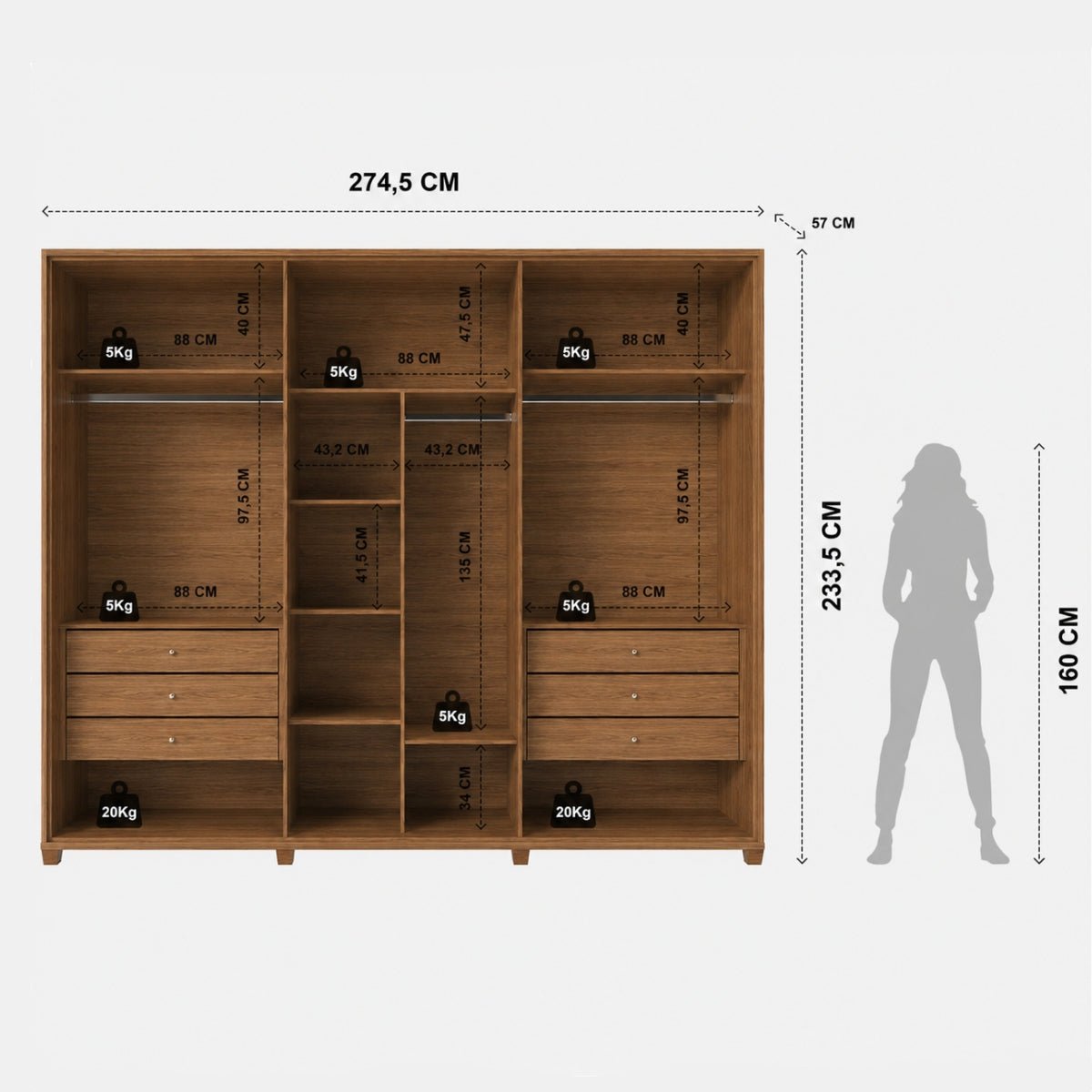 Guarda Roupa Casal 6 Portas com Espelho 100% MDF Dayton 274cm Canella com Off White Fosco - Província - Guarda-roupas