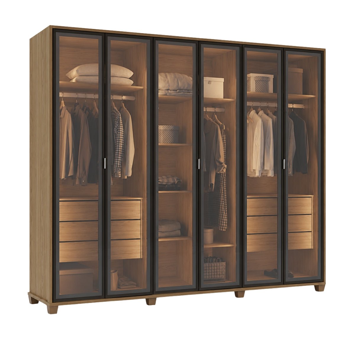 Guarda Roupa Casal 6 Portas Reflecta com Led 100% MDF Speculum 274cm Carvalho - Província - Guarda-roupas