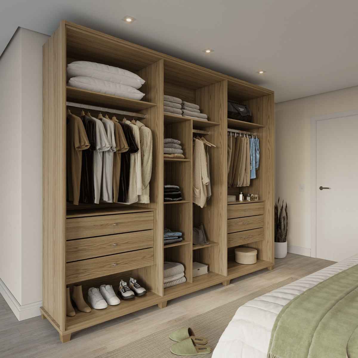 Guarda Roupa Casal 6 Portas Reflecta com Led 100% MDF Speculum 274cm Carvalho - Província - Guarda-roupas