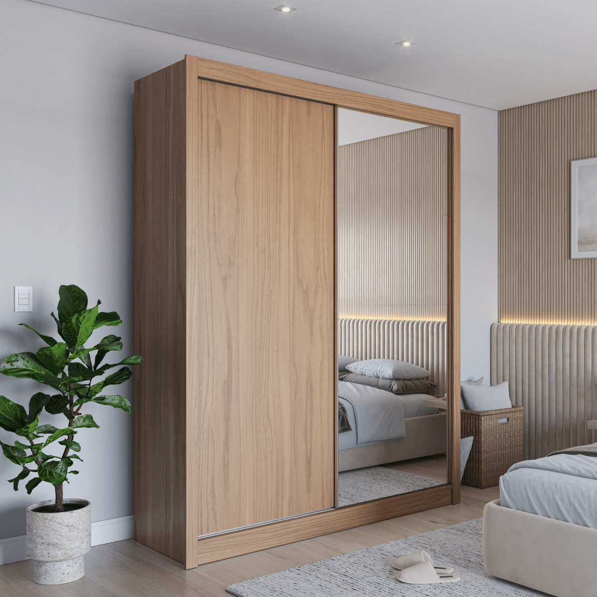 Guarda - Roupa Casal com Espelho 2 Portas de Correr 4 Gavetas Montclair 186cm Canella com Off - White Fosco - Província - Guarda - roupas