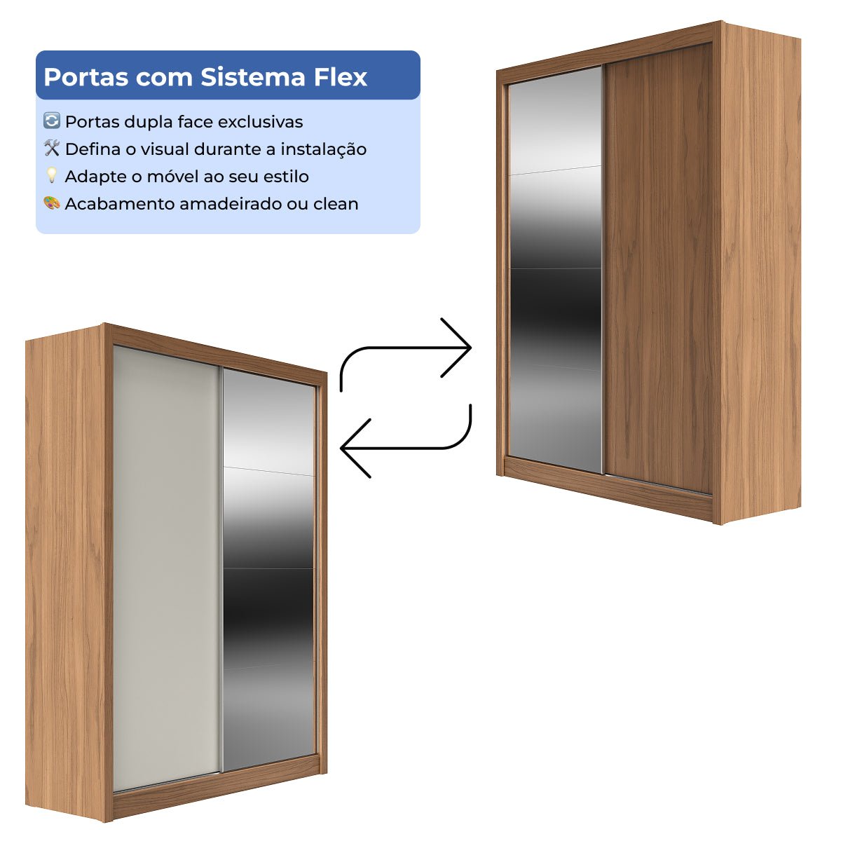 Guarda - Roupa Casal com Espelho 2 Portas de Correr 4 Gavetas Montclair 186cm Canella com Off - White Fosco - Província - Guarda - roupas