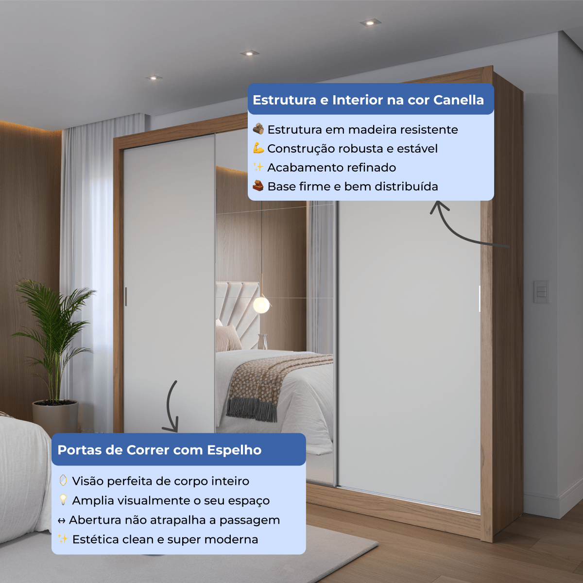 Guarda - Roupa Casal com Espelho 3 Portas de Correr 6 Gavetas Montclair 275cm Canella com Off - White Fosco - Província - Guarda - roupas