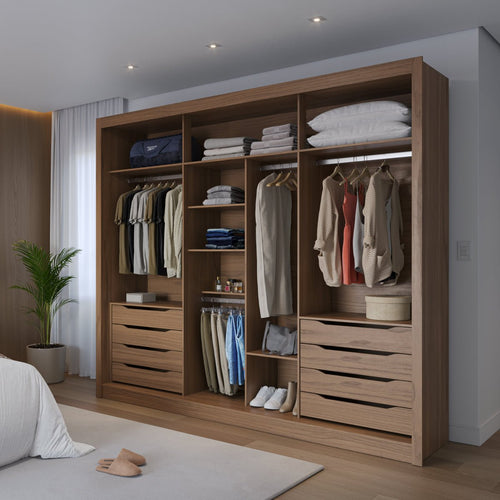 Guarda - Roupa Casal com Espelho 3 Portas de Correr 8 Gavetas Montclair 275 cm Canella com Off - White Fosco - Província - Guarda - roupas