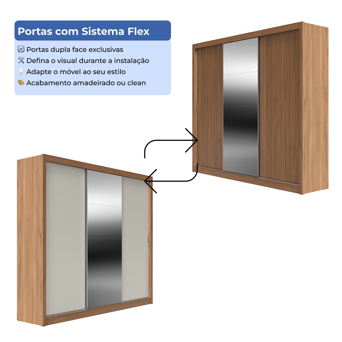 Guarda - Roupa Casal com Espelho 3 Portas de Correr 8 Gavetas Montclair 275 cm Canella com Off - White Fosco - Província - Guarda - roupas