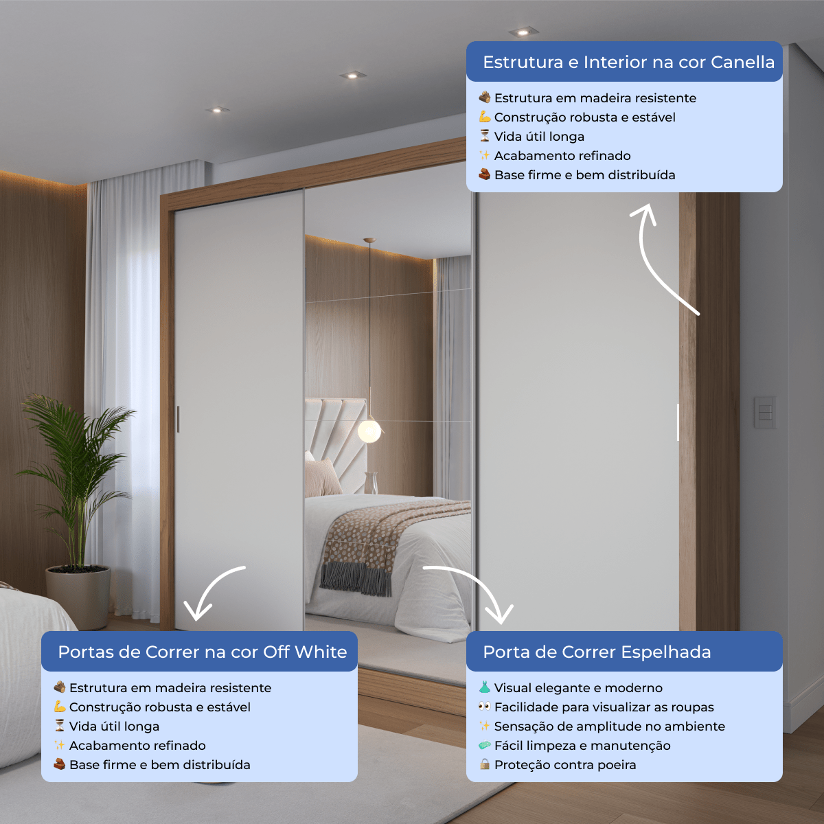 Guarda - Roupa Casal com Espelho 3 Portas de Correr 8 Gavetas Montclair 275 cm Canella com Off - White Fosco - Província - Guarda - roupas