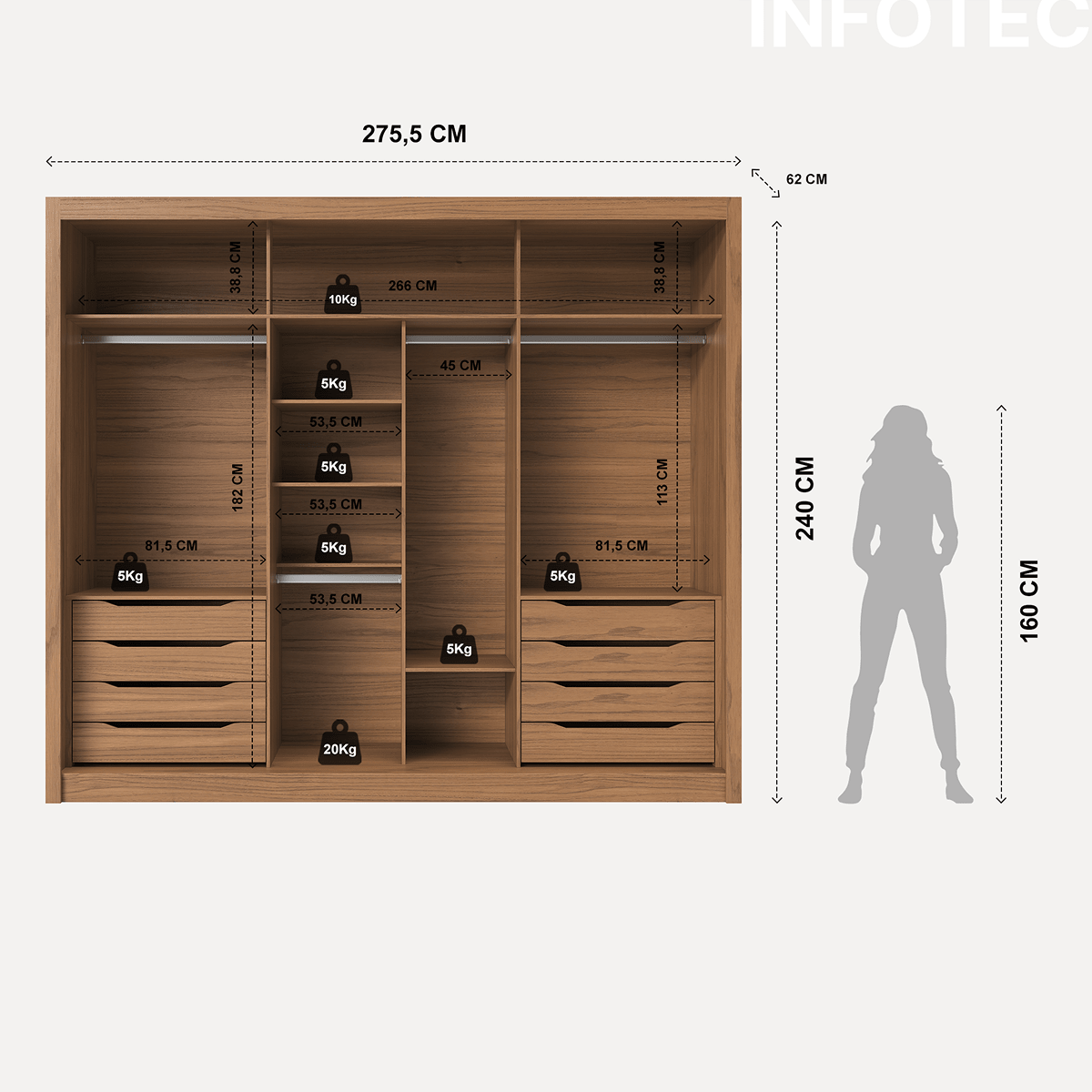 Guarda - Roupa Casal com Espelho 3 Portas de Correr 8 Gavetas Montclair 275 cm Canella com Off - White Fosco - Província - Guarda - roupas