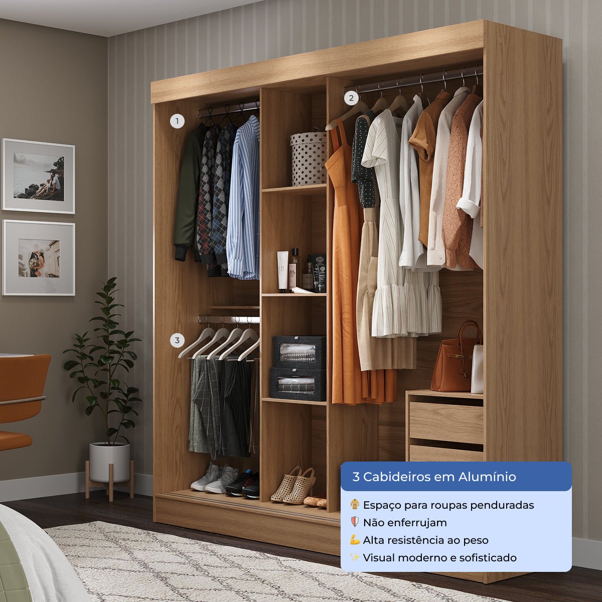 Guarda Roupa Casal com Espelho 3 Portas de Correr e 2 Gavetas Vittorio 172cm Carvalho - Província - Guarda - roupas