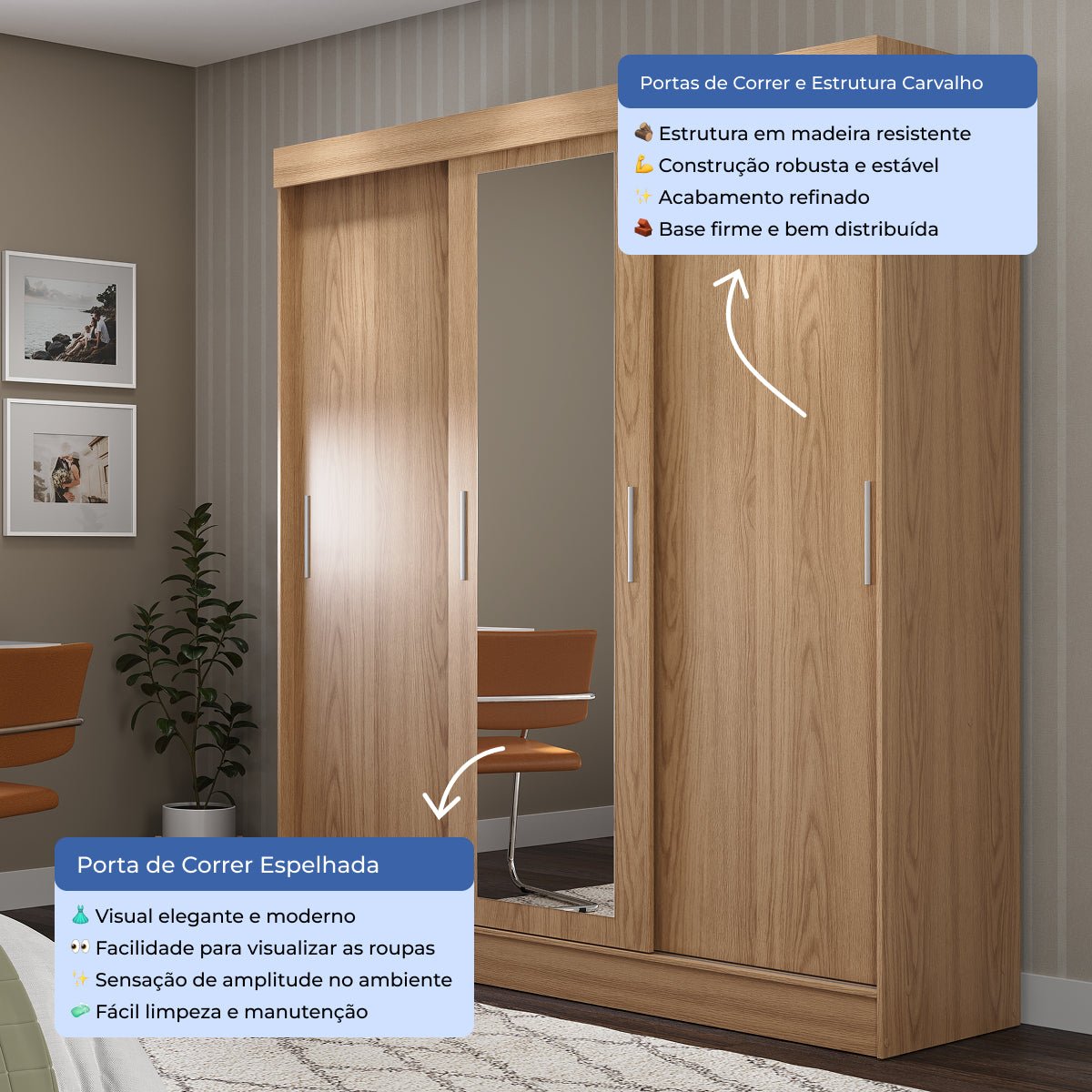 Guarda Roupa Casal com Espelho 3 Portas de Correr e 2 Gavetas Vittorio 172cm Carvalho - Província - Guarda - roupas