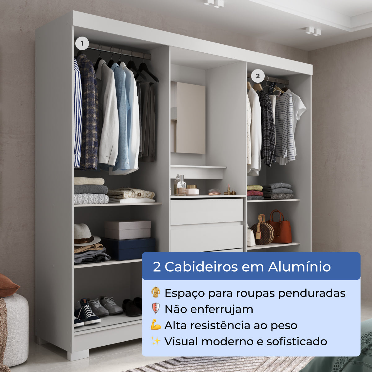 Guarda Roupa Casal com Espelho 2 Portas de Correr 4 Gavetas Ítalo Branco