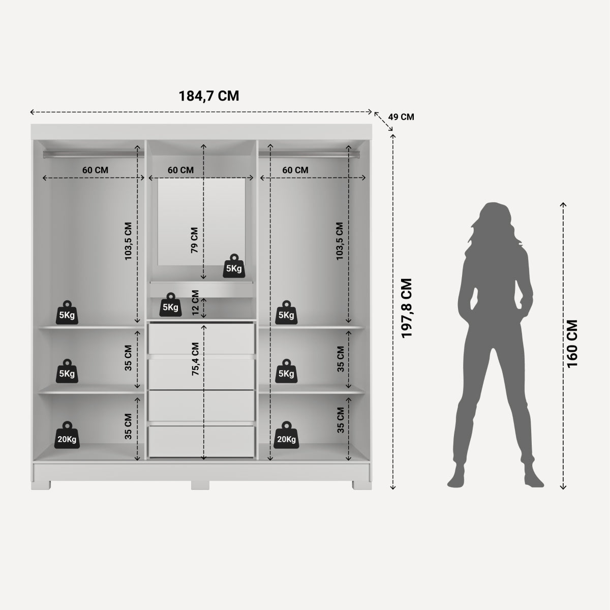 Guarda Roupa Casal com Espelho 2 Portas de Correr 4 Gavetas Ítalo Branco