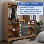 Guarda Roupa Casal com Espelho 2 Portas de Correr 4 Gavetas Ítalo