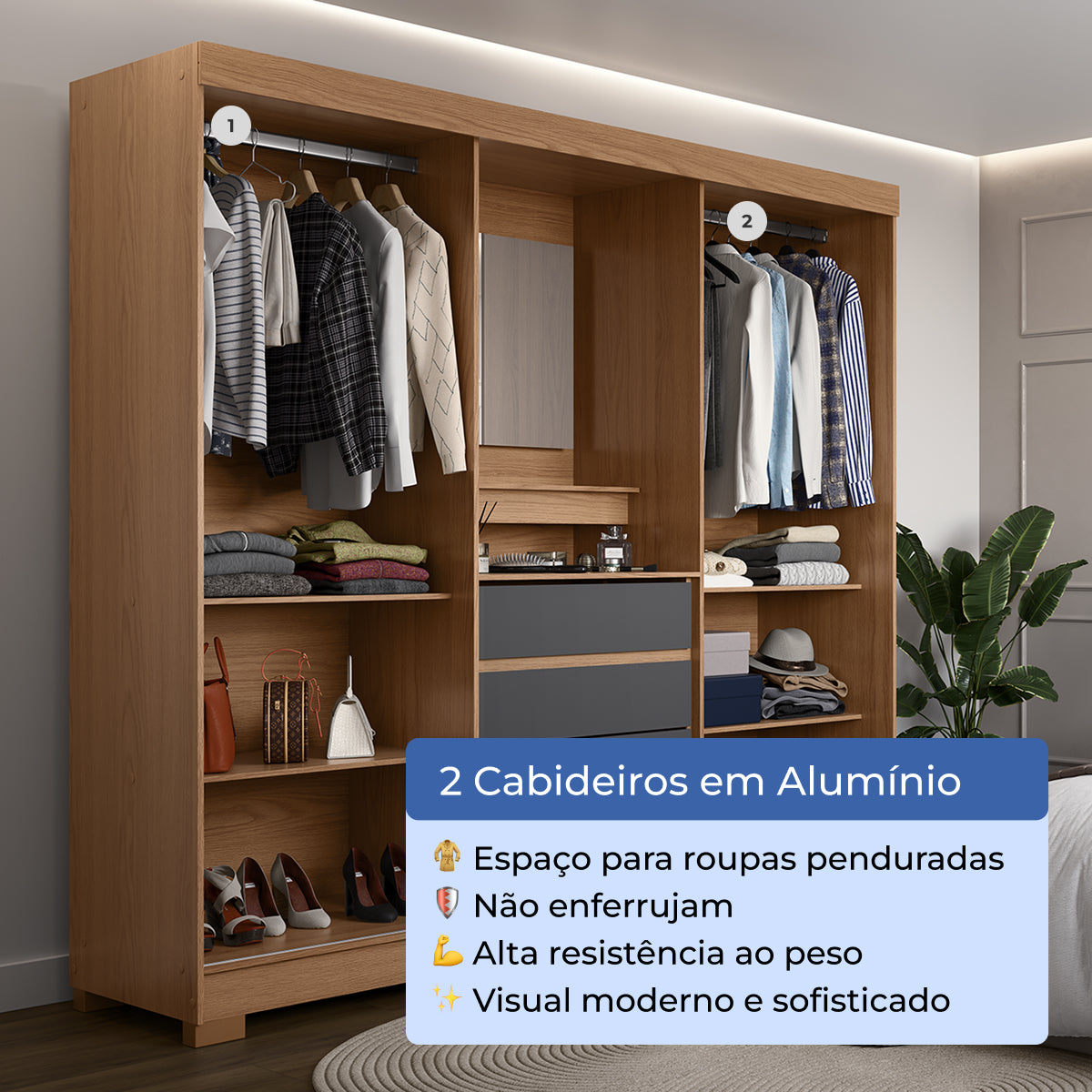 Guarda Roupa Casal com Espelho 2 Portas de Correr 4 Gavetas Ítalo
