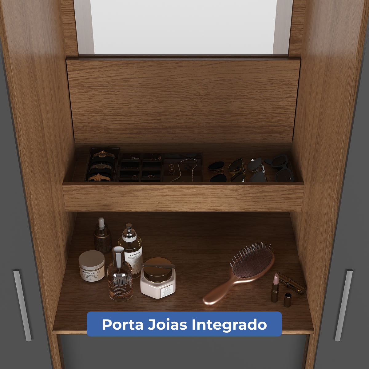 Guarda Roupa Casal com Espelho 2 Portas de Correr 4 Gavetas Ítalo