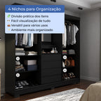 Guarda Roupa Casal com Espelho 2 Portas de Correr 4 Gavetas Ítalo Preto