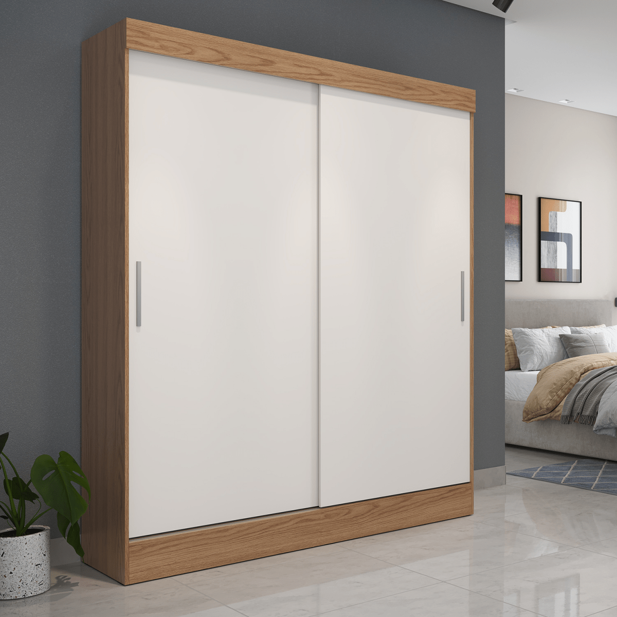 Guarda Roupa Solteiro 2 Portas de Correr Orazio 135cm Carvalho com Off White - Província - Guarda - roupas