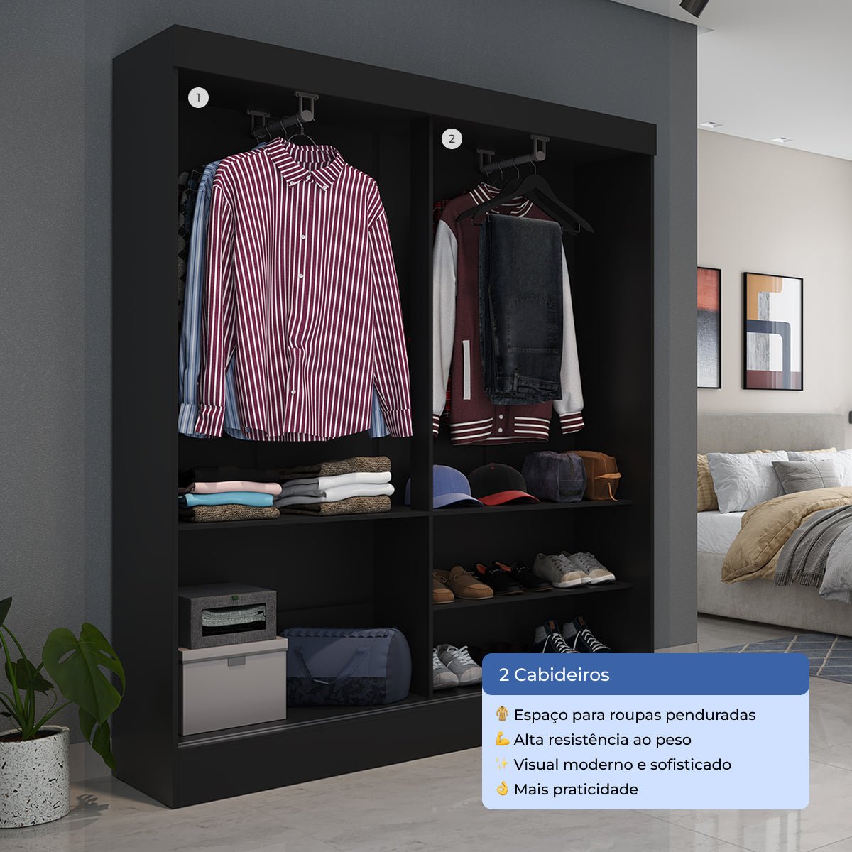 Guarda Roupa Solteiro 2 Portas de Correr Orazio 135cm Preto - Província - Guarda - roupas