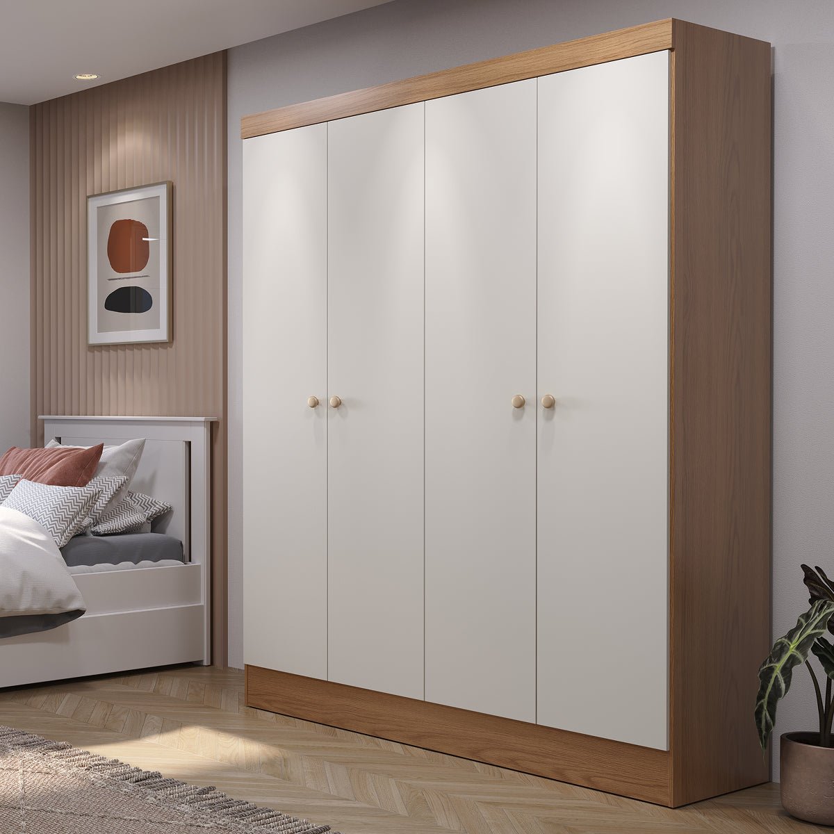 Guarda Roupa Solteiro 4 Portas Renzo 135cm Carvalho com Off - White - Província - Guarda - roupas