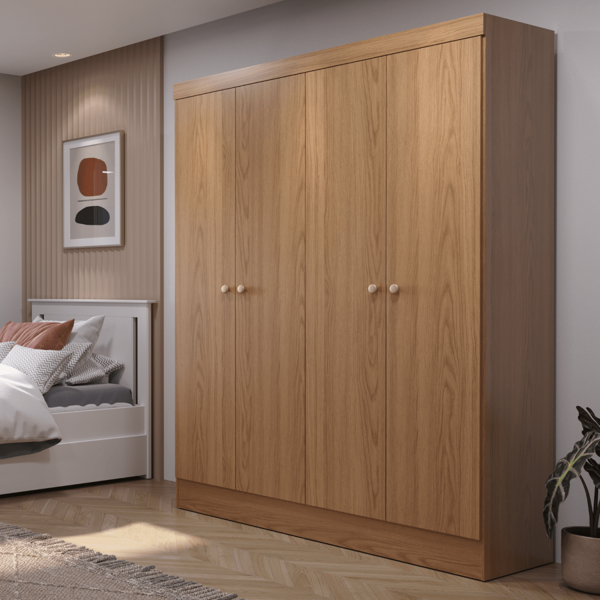 Guarda Roupa Solteiro 4 Portas Renzo 135cm Carvalho com Off White - Província - Guarda - roupas