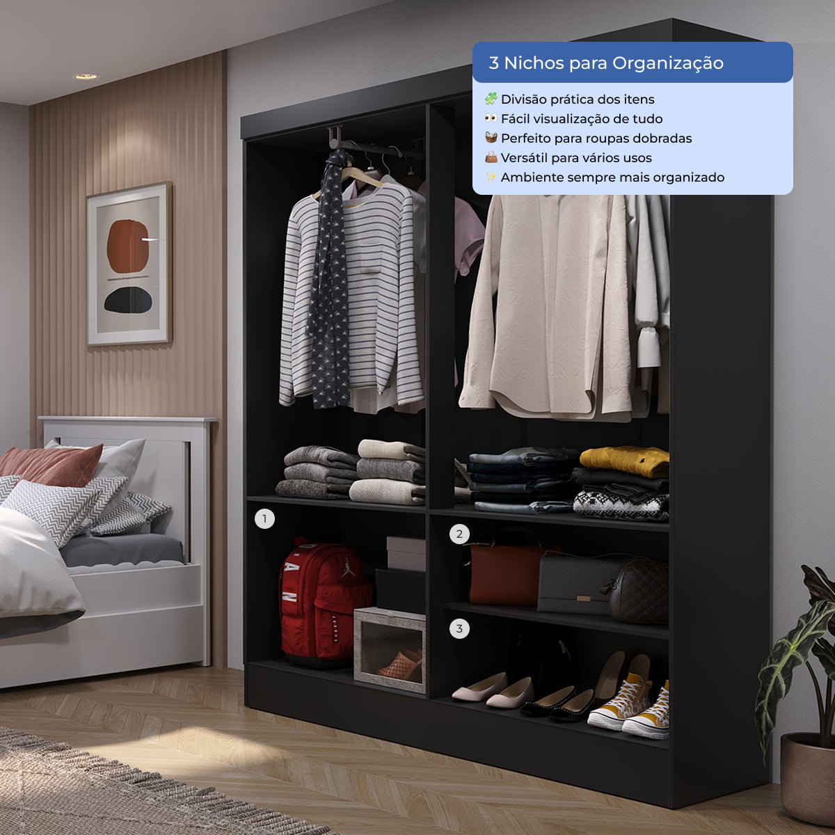 Guarda Roupa Solteiro 4 Portas Renzo 135cm Preto - Província - Guarda - roupas