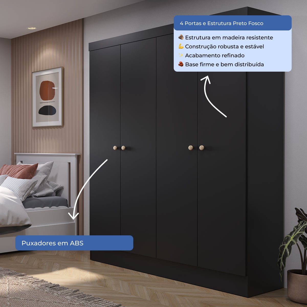 Guarda Roupa Solteiro 4 Portas Renzo 135cm Preto - Província - Guarda - roupas