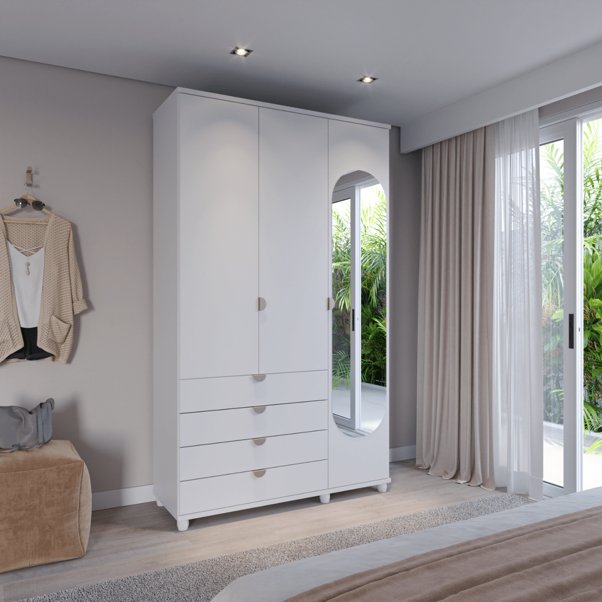 Guarda - Roupa Solteiro c/ Espelho 3 Portas 4 Gavetas 100% MDF Look 136 cm Branco Fosco - Província - Guarda - roupas