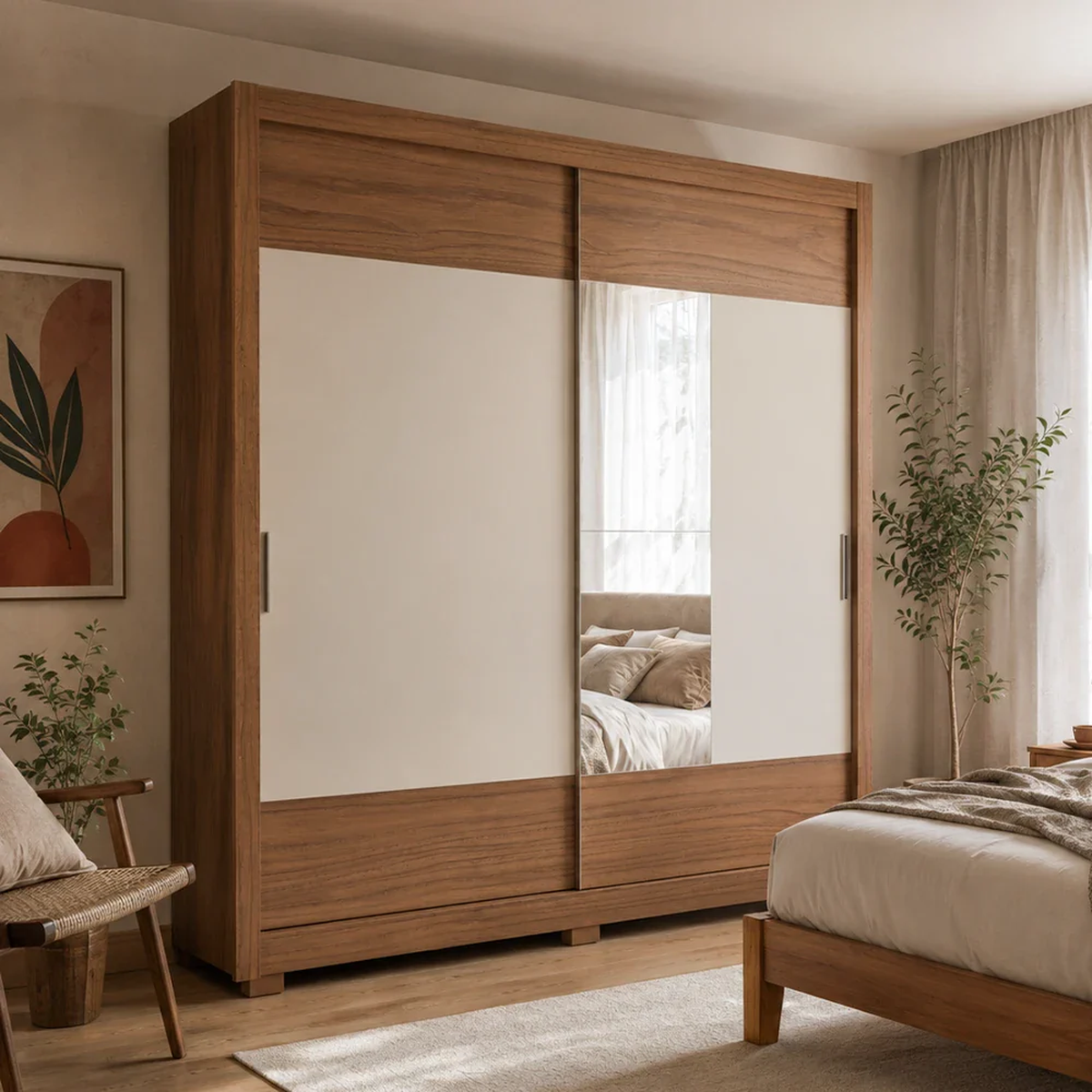 Guarda Roupa Casal 2 Portas de Correr com Espelho Soho 238cm Canella com Off-White