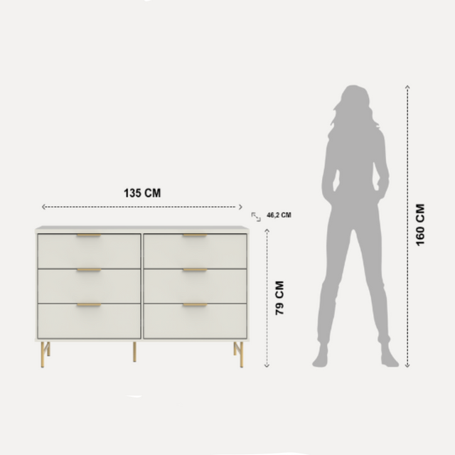 Cômoda 6 Gavetas 135cm e Mesa de Cabeceira Yves Off White com Dourado