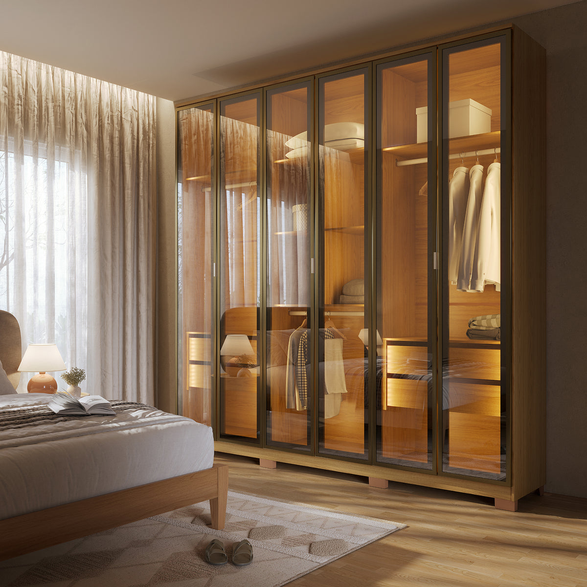 Guarda Roupa Casal 6 Portas Reflecta Float com Led Lucent 231cm Carvalho