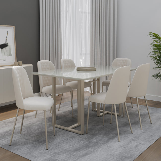 Mesa com 6 Cadeiras Arcadia 160x90cm Aço Champanhe com Off White