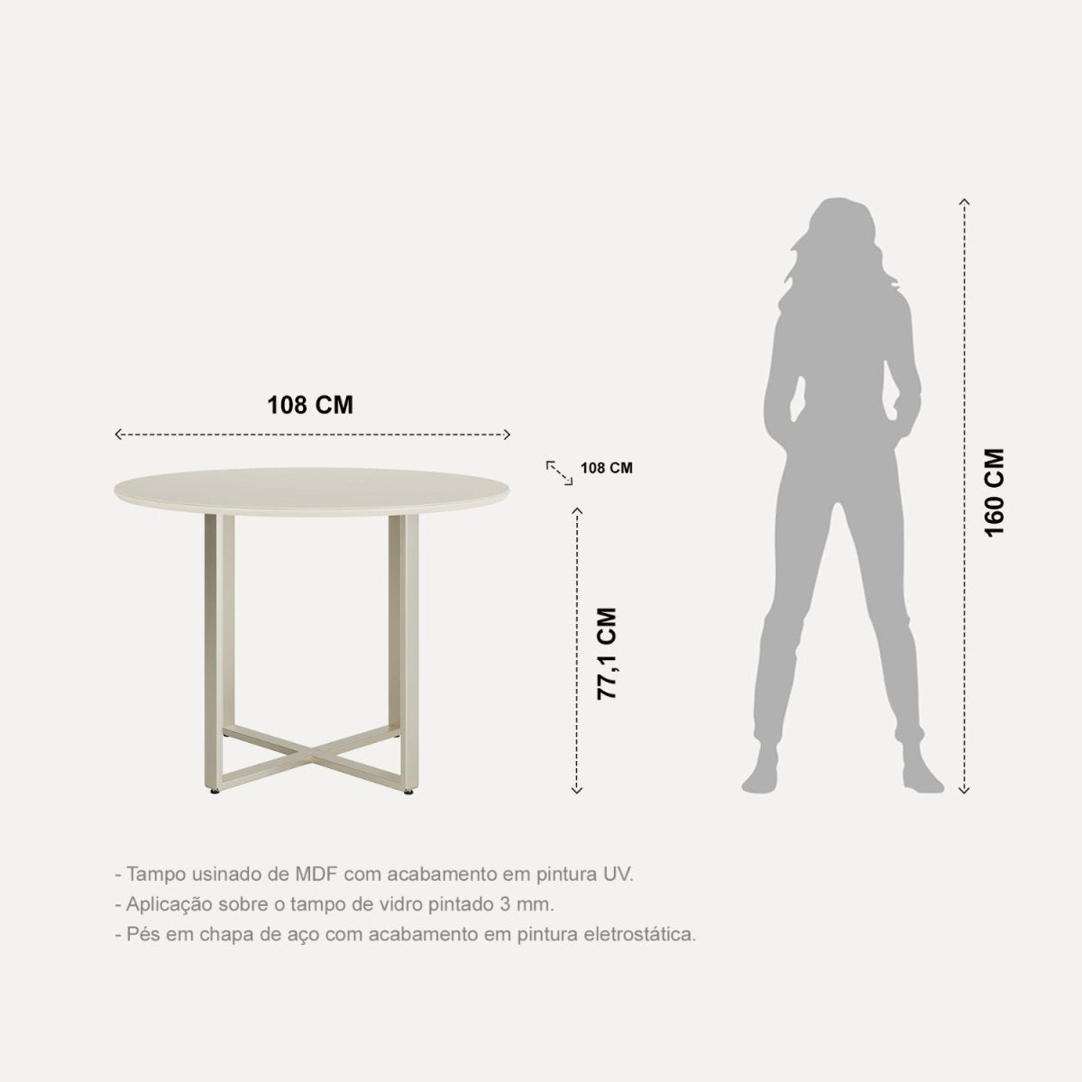 Mesa Arcádia 108 cm - Off White Fosco c/ Champanhe - Província - Mesa de jantar