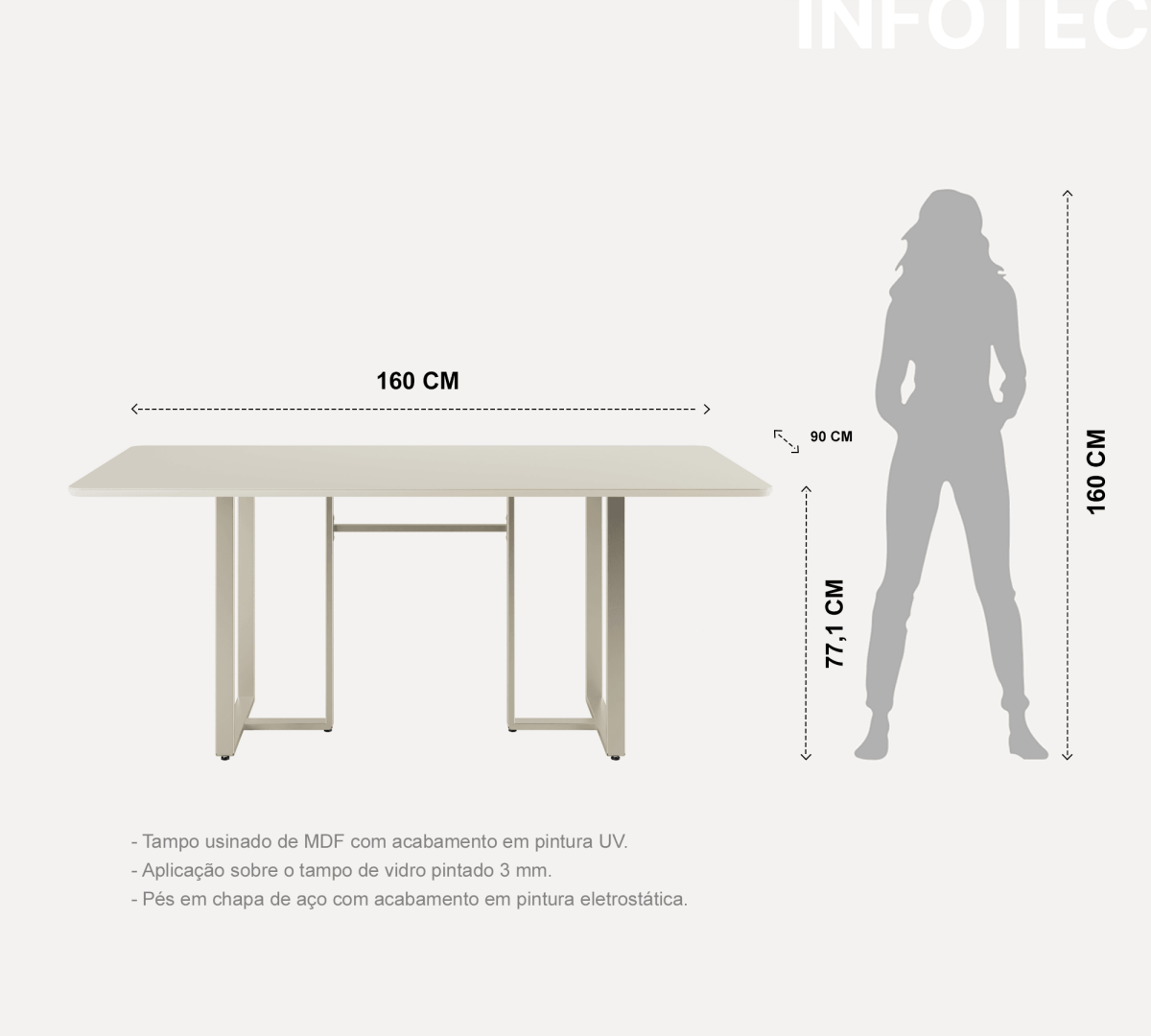 Mesa Arcádia 160 cm - Off White Fosco c/ Champanhe - Província - Mesa de jantar