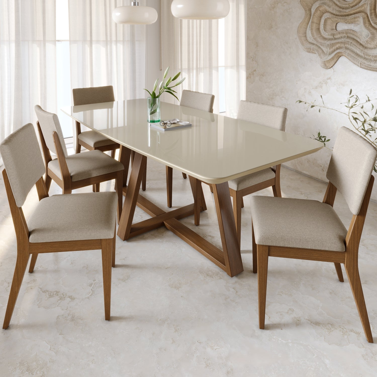 Mesa de Jantar Retangular com Vidro para 6 Lugares Bennett 180cm Natural com Off-White Gloss
