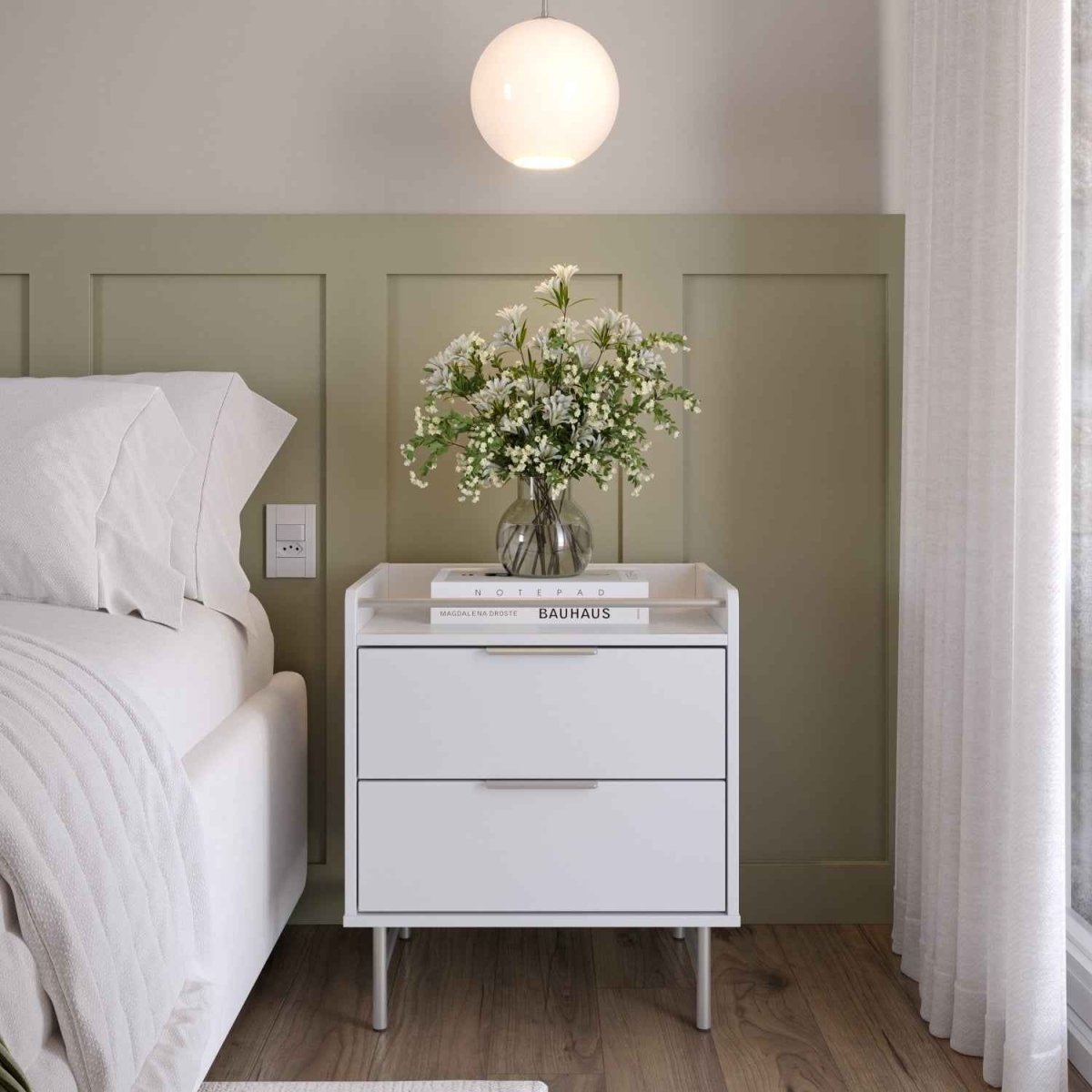 Mesa de Cabeceira c/ 2 Gavetas Yves Branco Fosco c/ Champanhe - Província - Mesa de Cabeceira