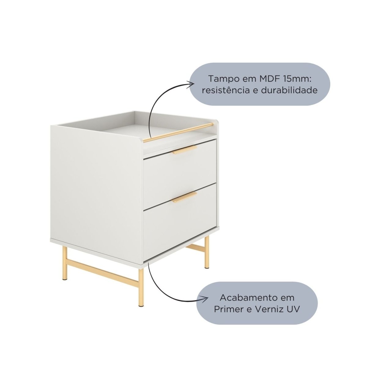 Mesa de Cabeceira c/ 2 Gavetas Yves Off White com Dourado - Província - Mesa de Cabeceira