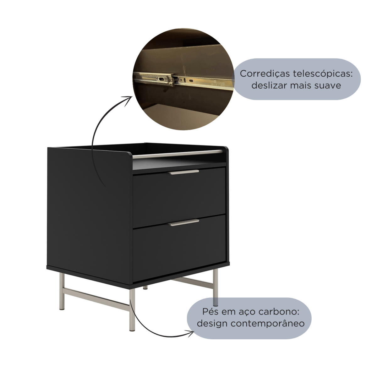Mesa de Cabeceira c/ 2 Gavetas Yves Preto com Champanhe - Província - Mesa de Cabeceira