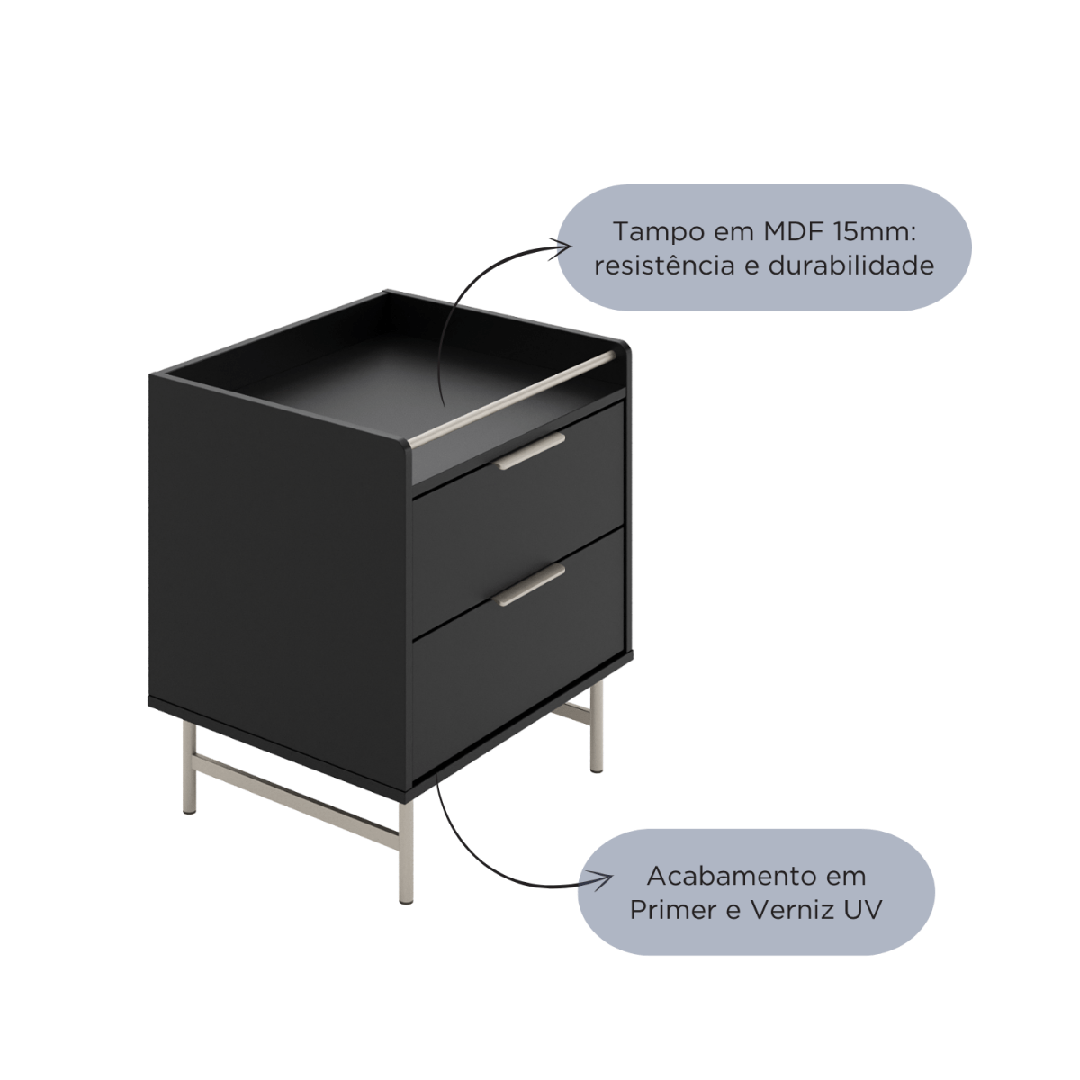 Mesa de Cabeceira c/ 2 Gavetas Yves Preto com Champanhe - Província - Mesa de Cabeceira