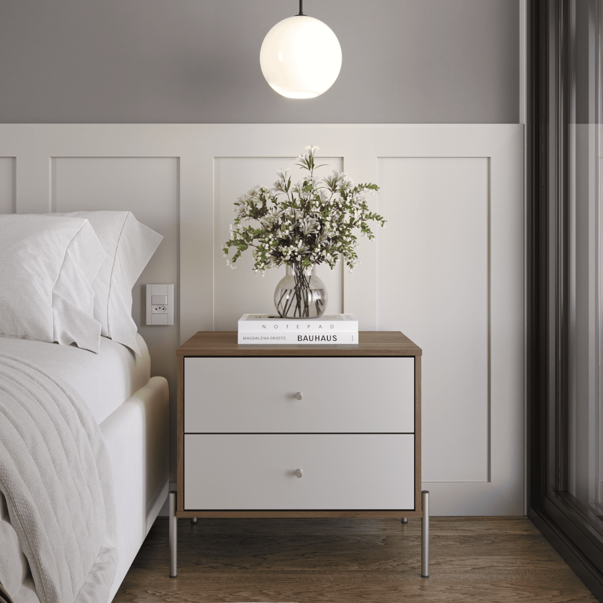 Mesa de Cabeceira Jasper 64 cm Canella e Off White com Champanhe - Província - Mesa de Cabeceira