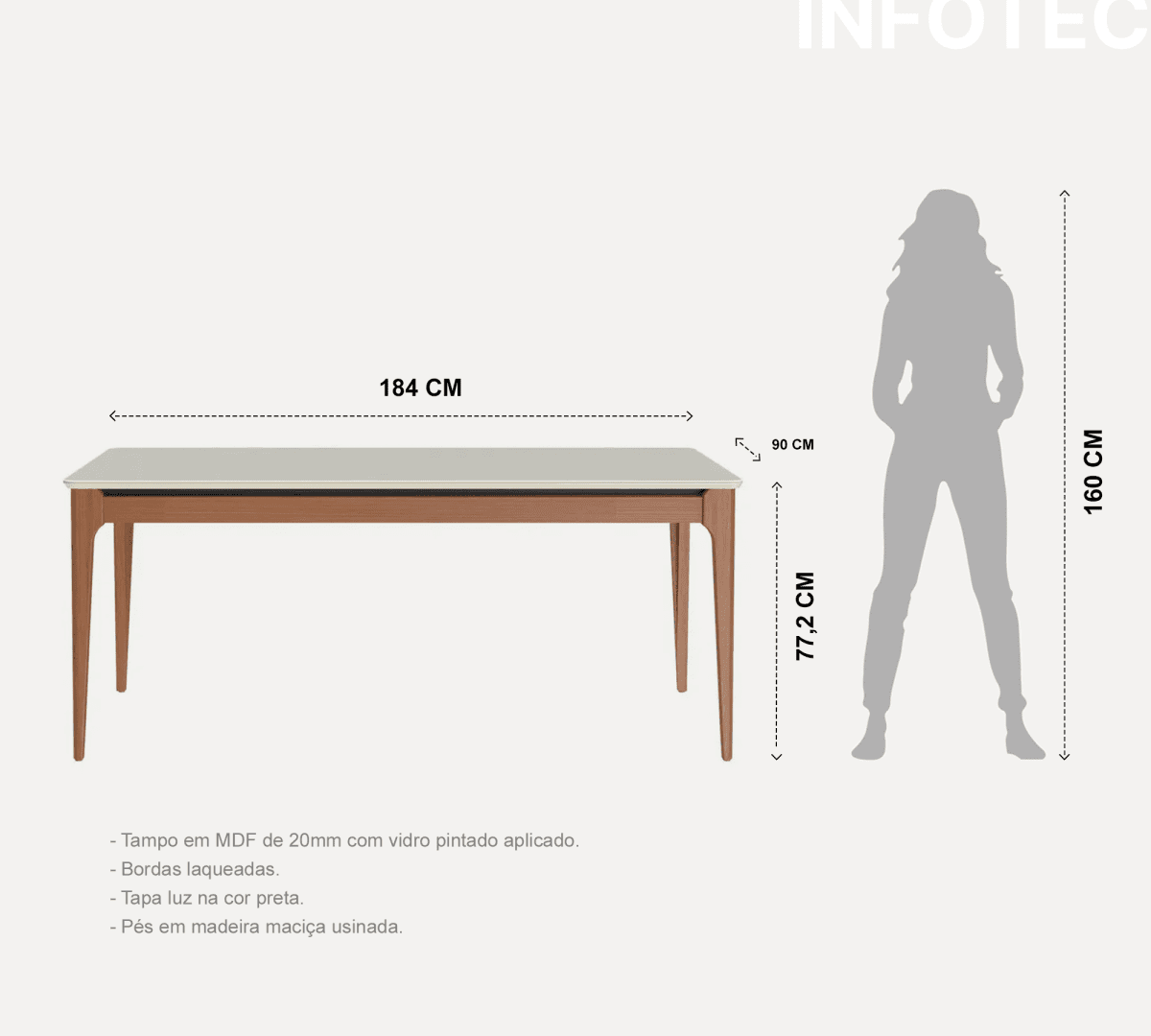 Mesa de Jantar Addar 180 cm - Natural c/ Vidro Off White - Província - Mesa de jantar