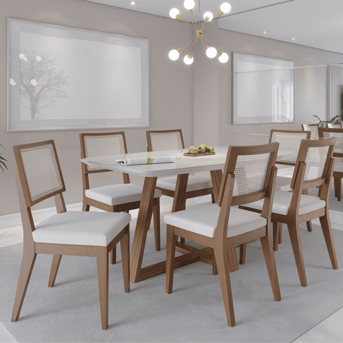 Mesa de Jantar Bennett c/ Vidro 160 cm - Natural c/ Vidro Off White - Província - Mesa de jantar