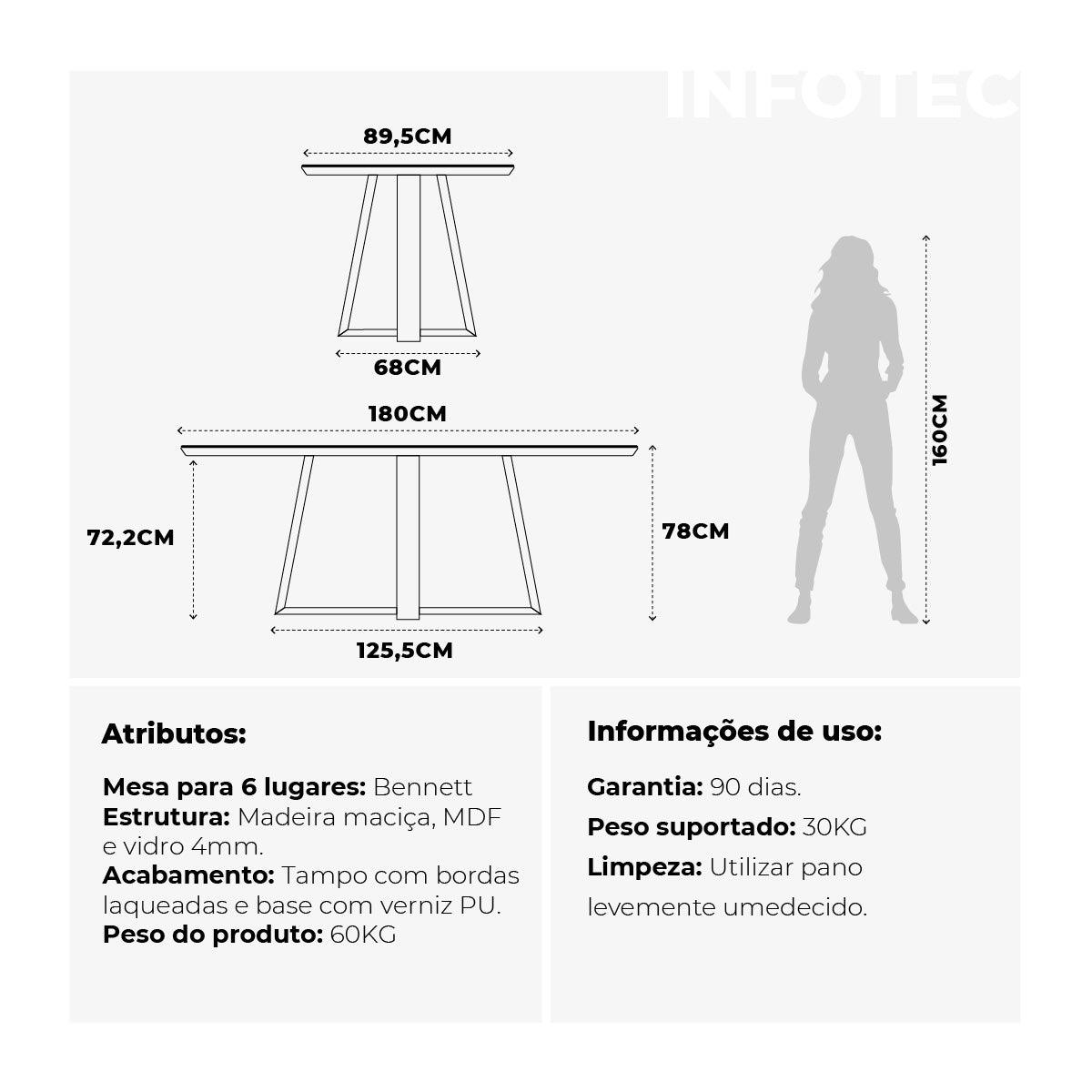 Mesa de Jantar Bennett c/ Vidro 180 cm - Natural c/ Vidro Off White - Província - Mesa de jantar