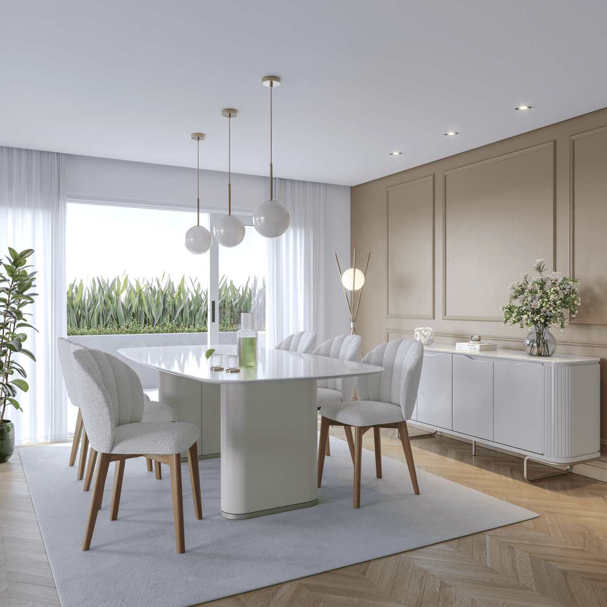 Mesa de Jantar Lintz 184 cm - Off White Fosco c/ PU Bege - Champanhe - Província - Mesa de jantar