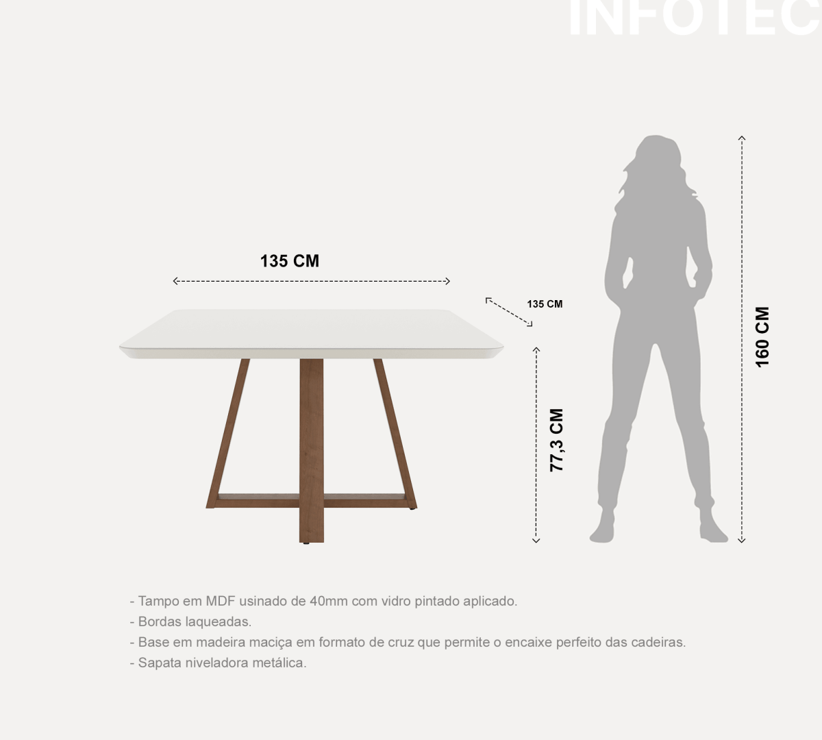 Mesa de Jantar Quadrada Bennett c/ Vidro 135 cm - Natural c/ Vidro Off White - Província - Mesa de jantar