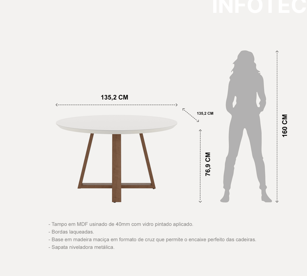 Mesa de Jantar Redonda Bennett c/ Vidro 135 cm - Natural c/ Vidro Off White - Província - Mesa de jantar