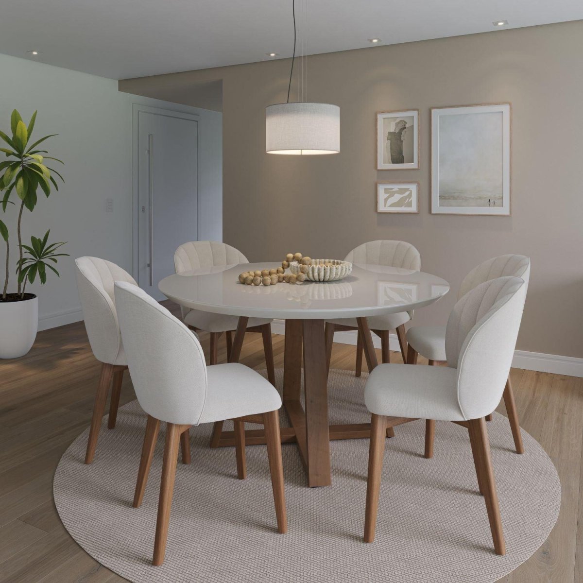 Mesa de Jantar Redonda Bennett c/ Vidro 135 cm - Natural c/ Vidro Off White - Província - Mesa de jantar