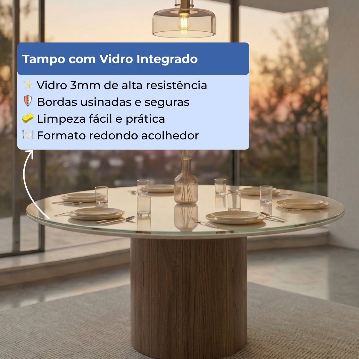 Mesa de Jantar Redonda com Vidro para 6 Lugares Kalina 135cm Off - White Fosco com Canella - Província - Mesa de jantar