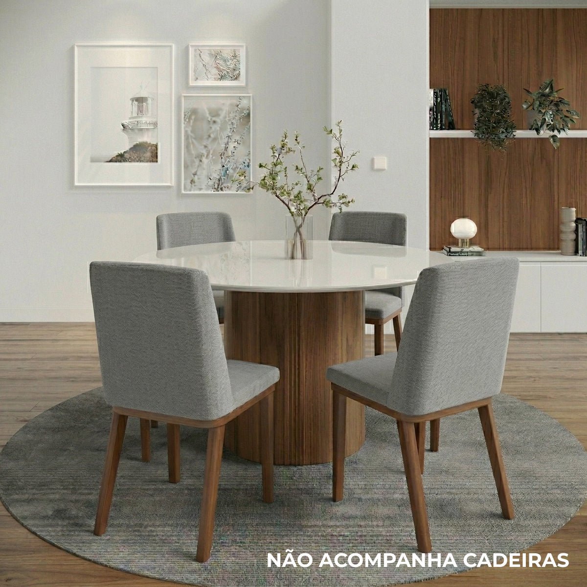 Mesa de Jantar Redonda com Vidro para 6 Lugares Kalina 135cm Off - White Fosco com Canella - Província - Mesa de jantar