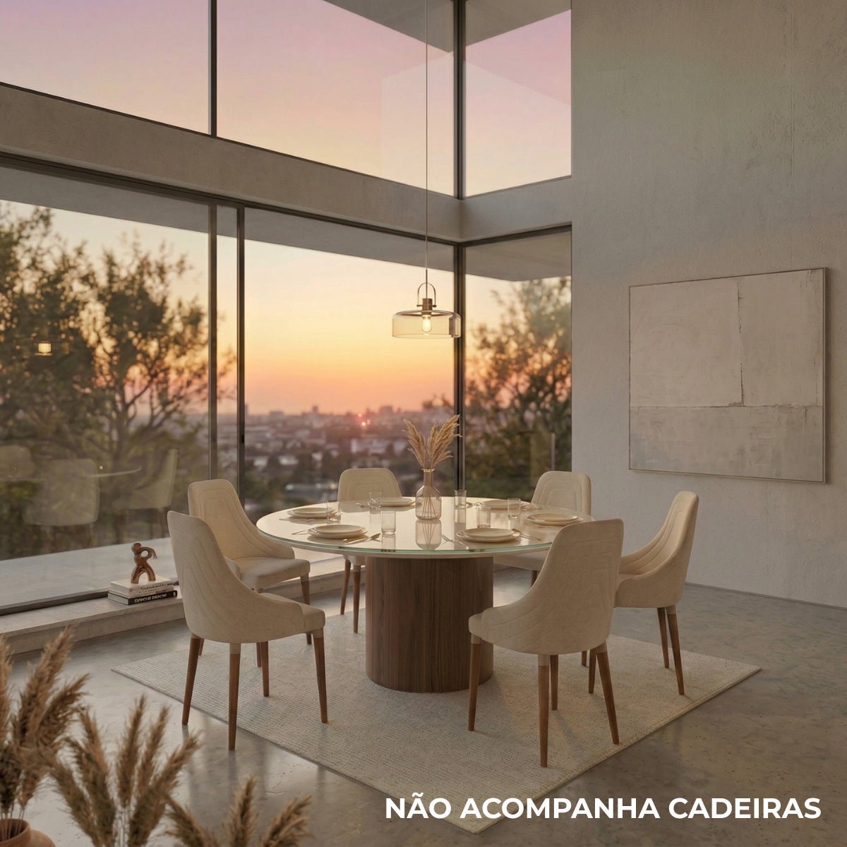 Mesa de Jantar Redonda com Vidro para 6 Lugares Kalina 135cm Off - White Fosco com Canella - Província - Mesa de jantar