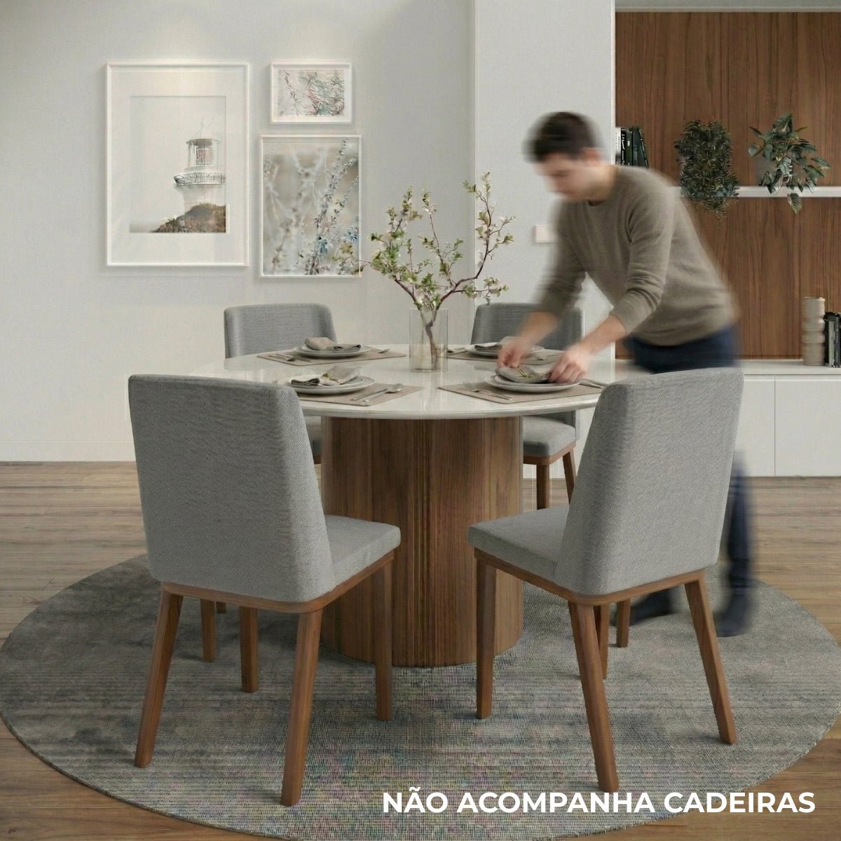 Mesa de Jantar Redonda com Vidro para 6 Lugares Kalina 135cm Off - White Fosco com Canella - Província - Mesa de jantar