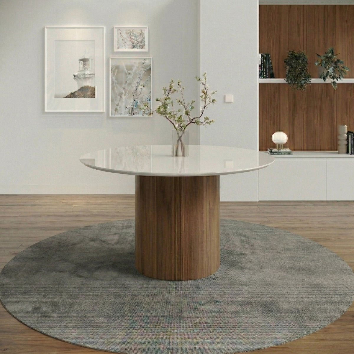 Mesa de Jantar Redonda com Vidro para 6 Lugares Kalina 135cm Off - White Fosco com Canella - Província - Mesa de jantar